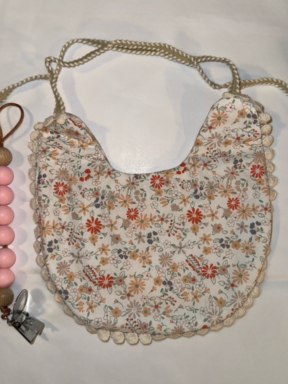Floral Crochet-Trim Baby Bib- Cream Multi